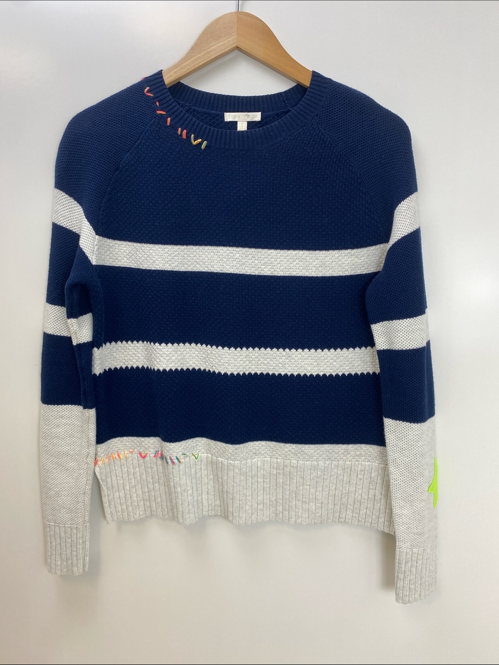 Lisa Todd Navy & Light Gray Striped Crewneck Sweater with Neon Stitch Accents